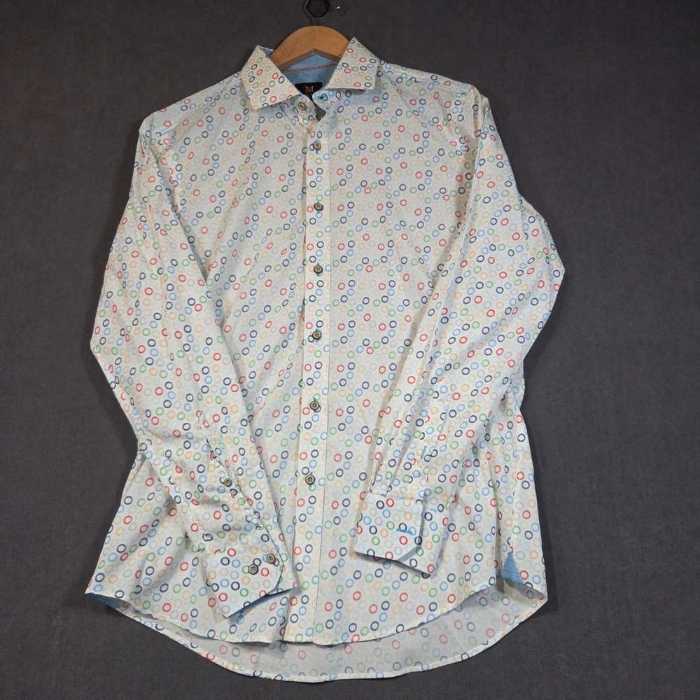Marcello Sport Button Down Mens XL White Multi Color Geometric Circle Print